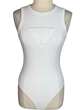 GUESS White Ribbed Logo Bodysuit Women M Stretch Sleeveless NWT
